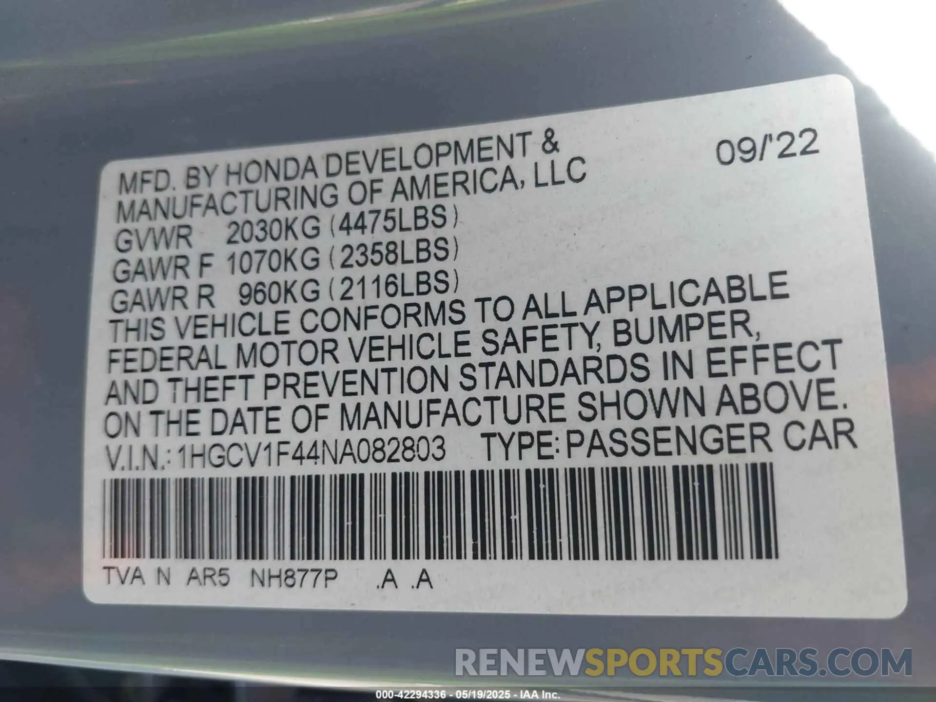9 Photograph of a damaged car 1HGCV1F44NA082803 HONDA ACCORD 2022