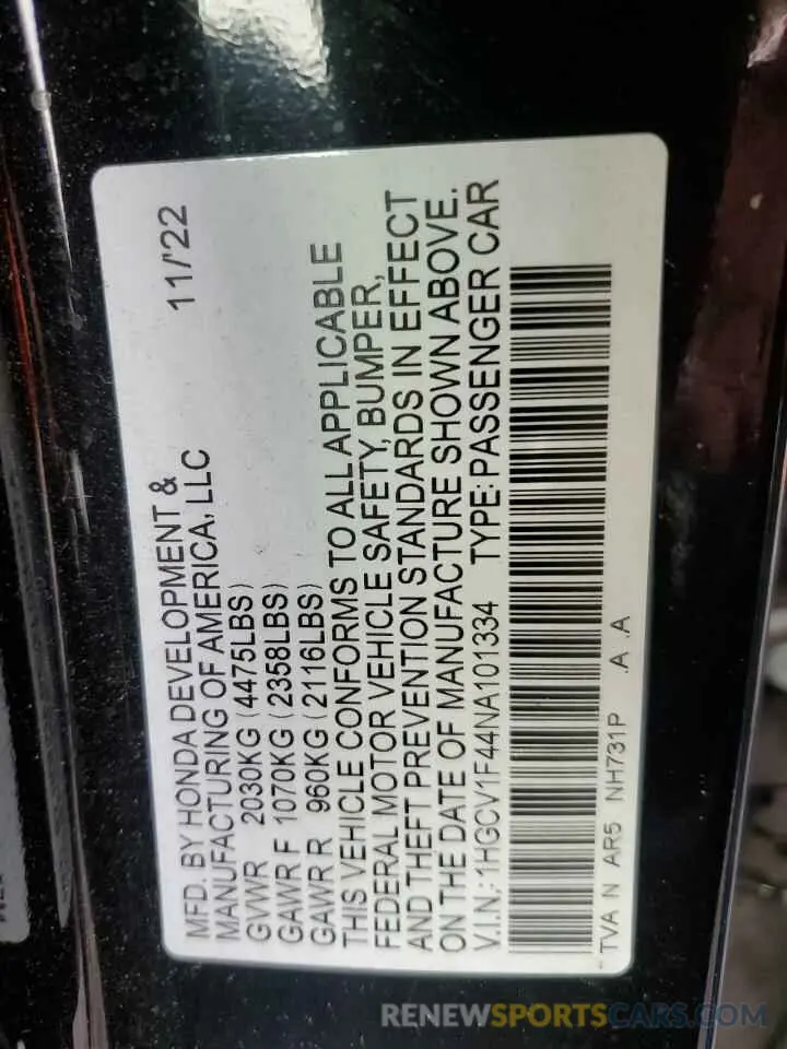 14 Фотография поврежденного автомобиля 1HGCV1F44NA101334 HONDA ACCORD 2022