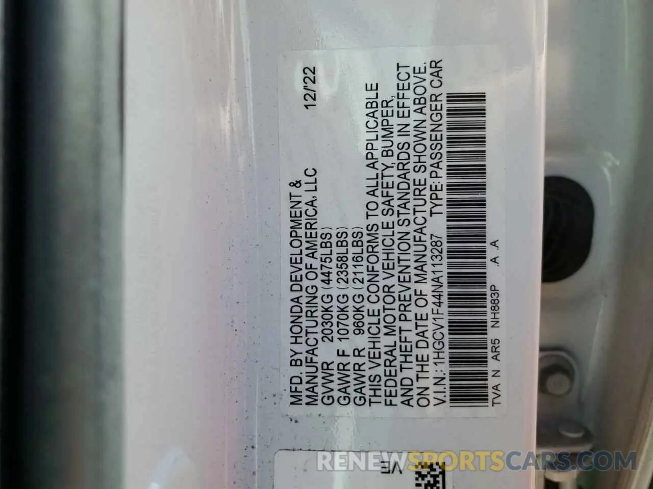 13 Фотография поврежденного автомобиля 1HGCV1F44NA113287 HONDA ACCORD 2022