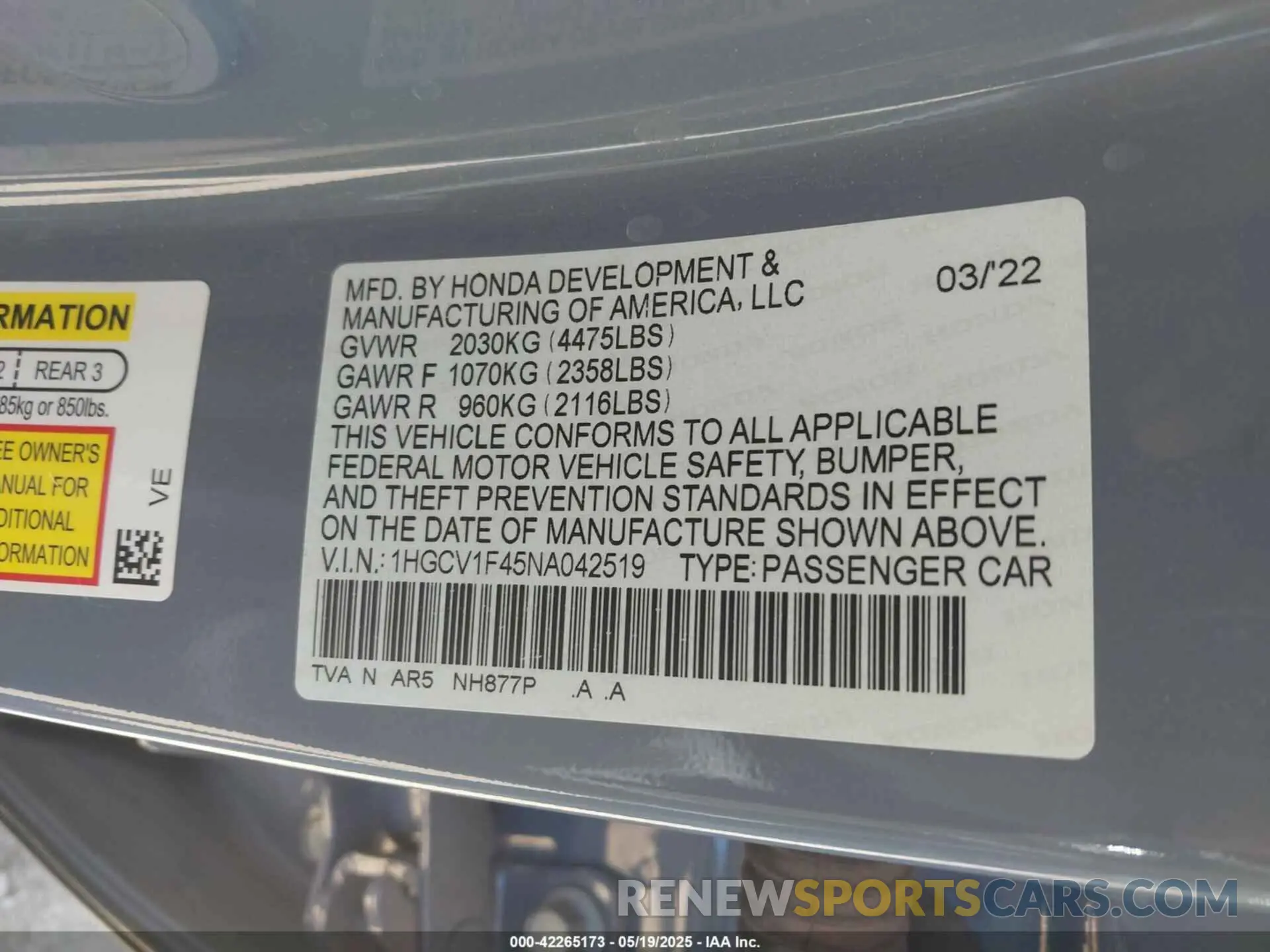 9 Photograph of a damaged car 1HGCV1F45NA042519 HONDA ACCORD 2022
