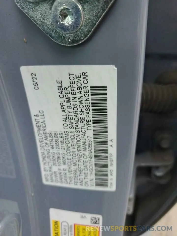 12 Фотография поврежденного автомобиля 1HGCV1F45NA056517 HONDA ACCORD 2022