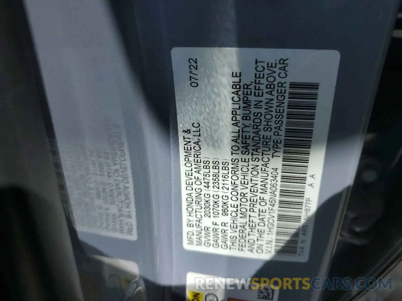 12 Фотография поврежденного автомобиля 1HGCV1F45NA063404 HONDA ACCORD 2022