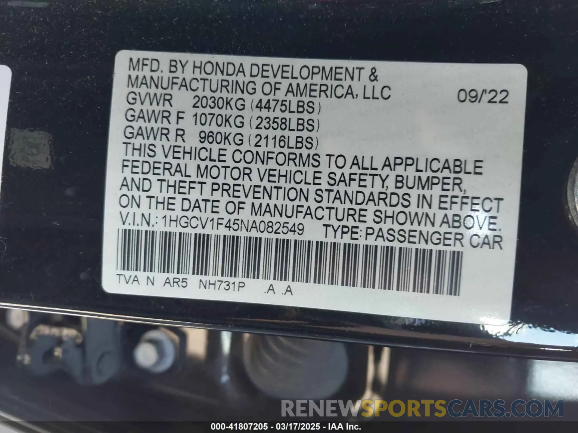 9 Фотография поврежденного автомобиля 1HGCV1F45NA082549 HONDA ACCORD 2022