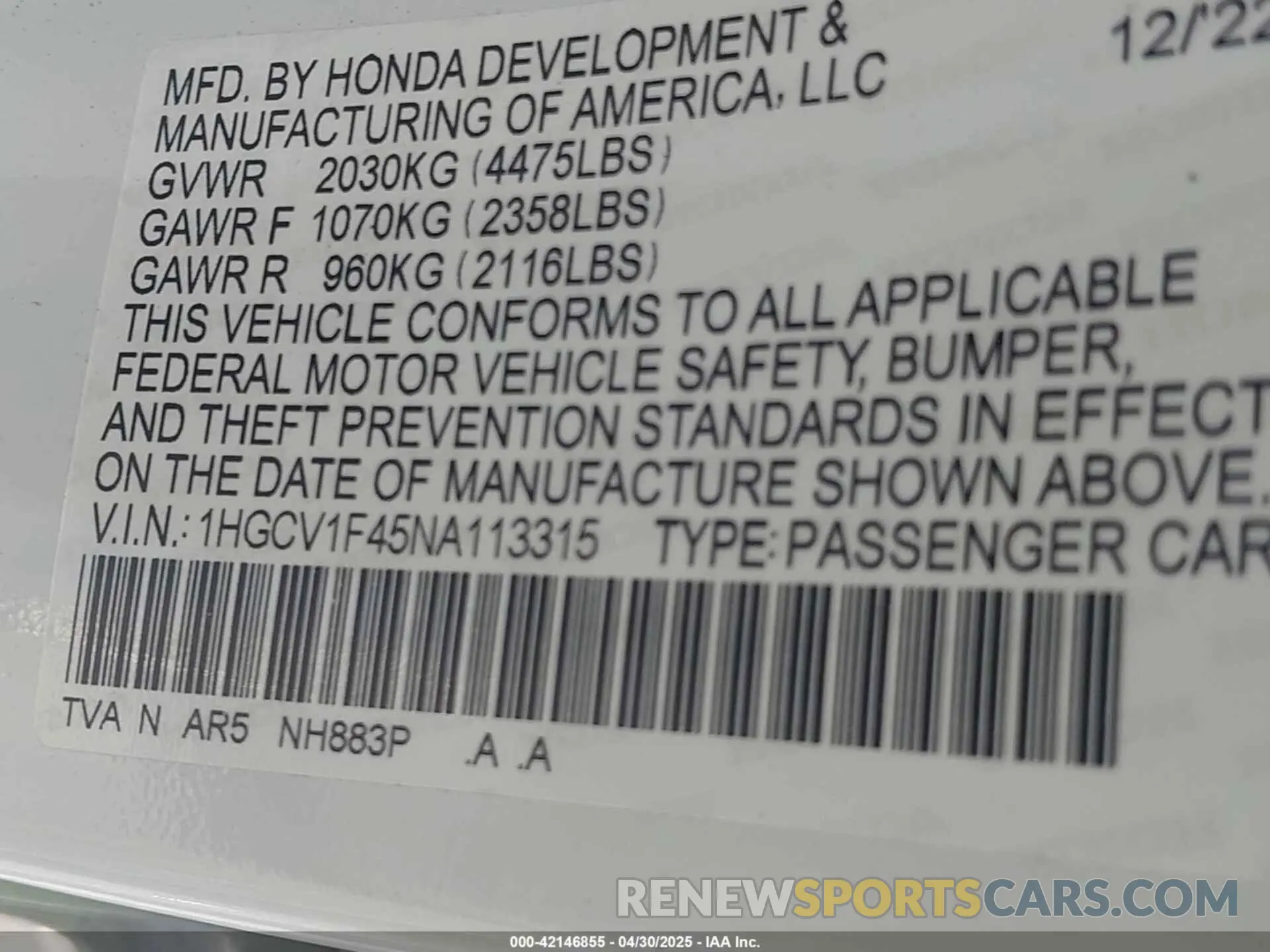9 Photograph of a damaged car 1HGCV1F45NA113315 HONDA ACCORD 2022