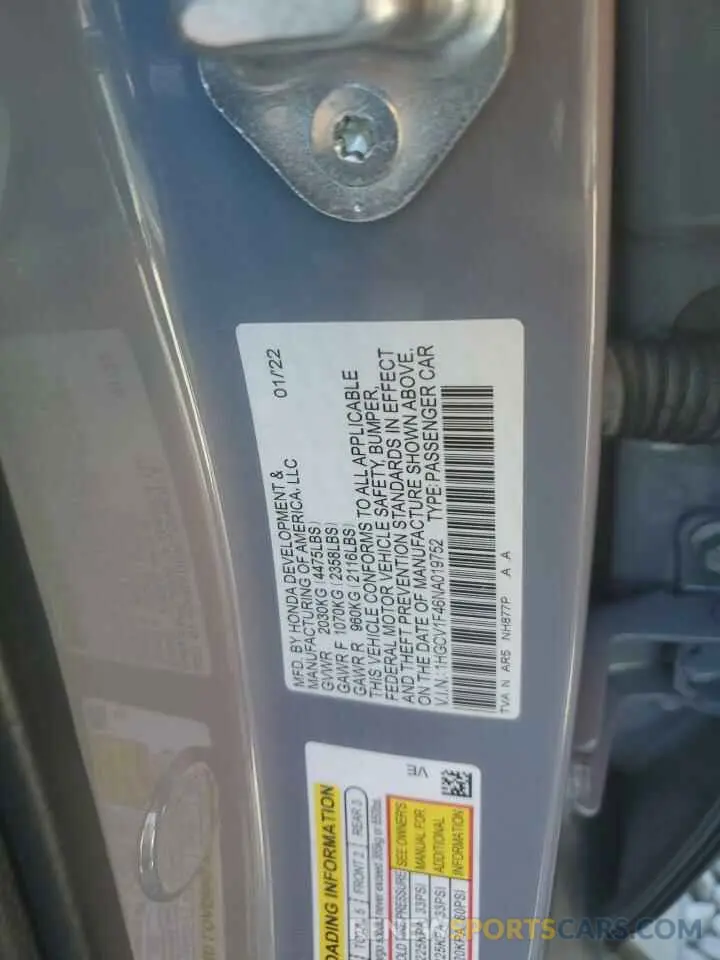 13 Photograph of a damaged car 1HGCV1F46NA019752 HONDA ACCORD 2022