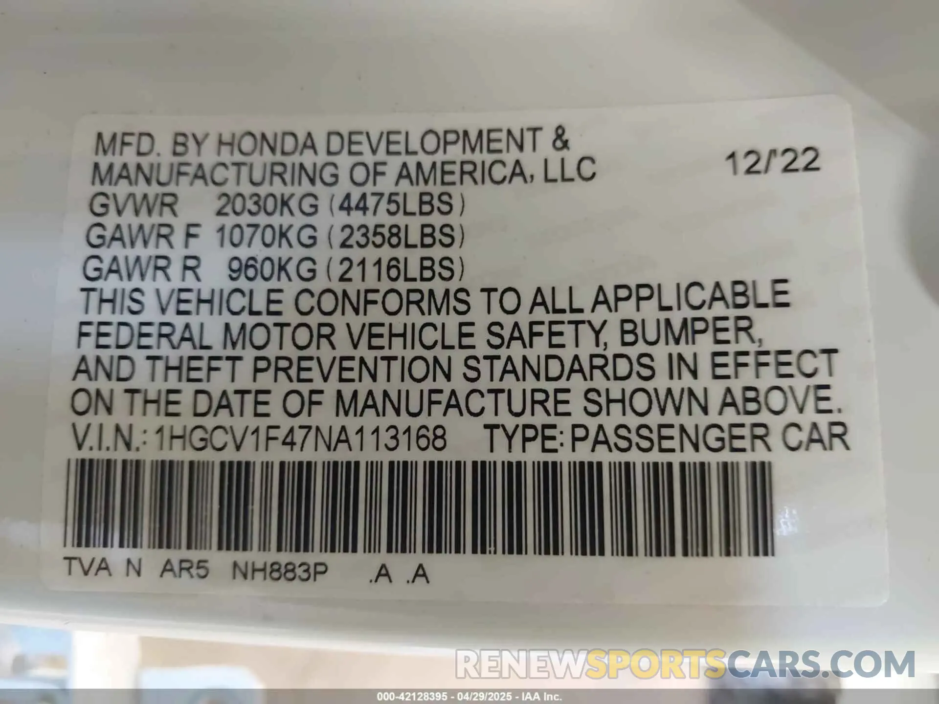9 Photograph of a damaged car 1HGCV1F47NA113168 HONDA ACCORD 2022