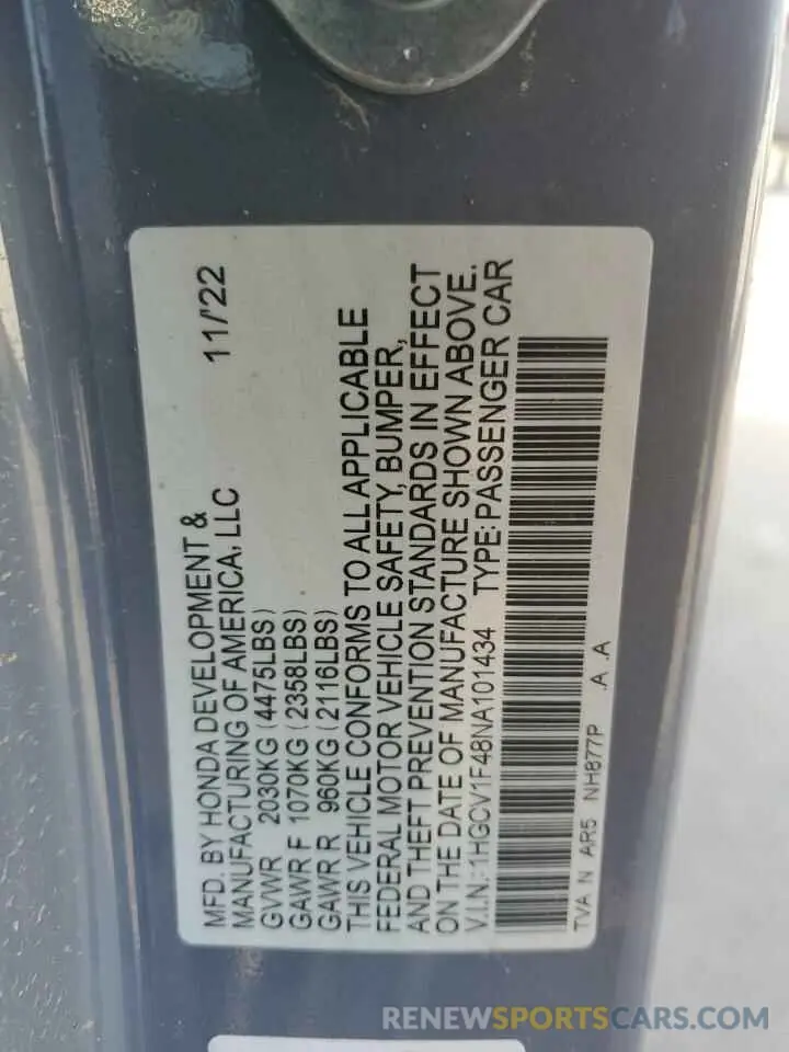 12 Фотография поврежденного автомобиля 1HGCV1F48NA101434 HONDA ACCORD 2022