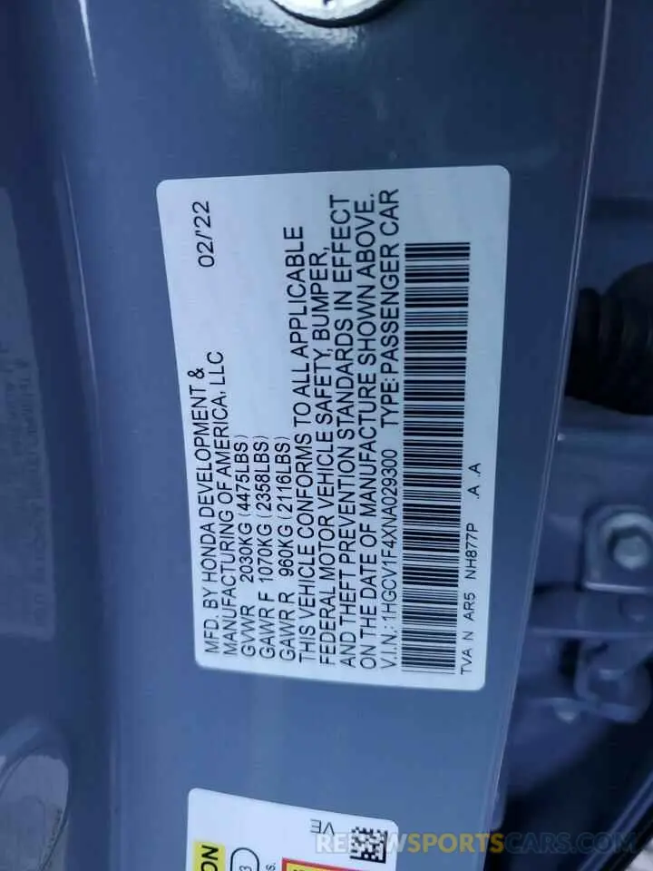 12 Фотография поврежденного автомобиля 1HGCV1F4XNA029300 HONDA ACCORD 2022