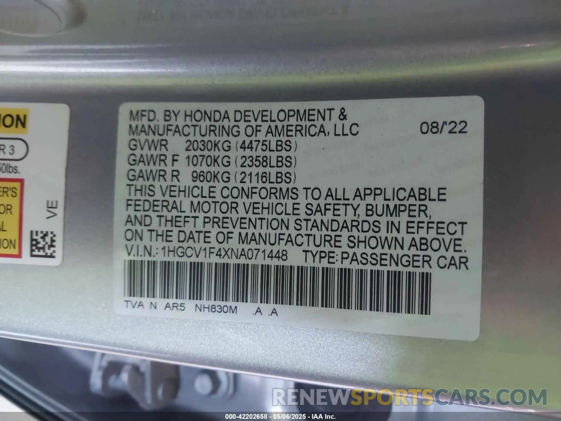9 Фотография поврежденного автомобиля 1HGCV1F4XNA071448 HONDA ACCORD 2022