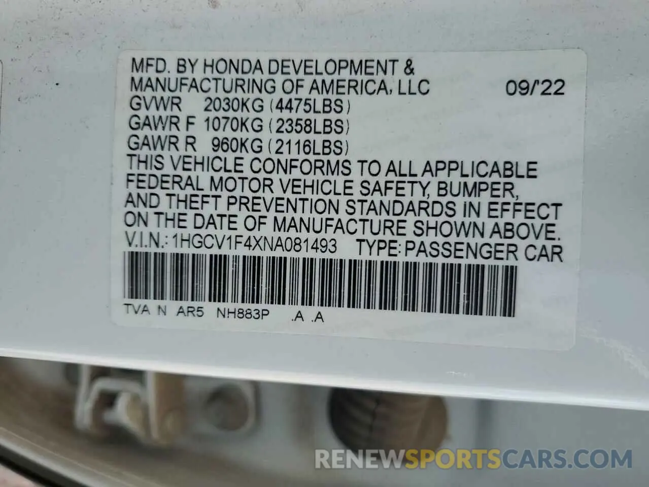 14 Фотография поврежденного автомобиля 1HGCV1F4XNA081493 HONDA ACCORD 2022