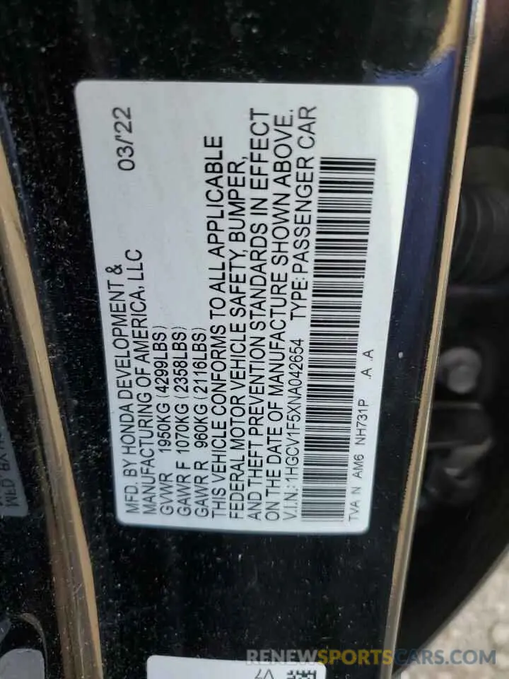 12 Фотография поврежденного автомобиля 1HGCV1F5XNA042654 HONDA ACCORD 2022