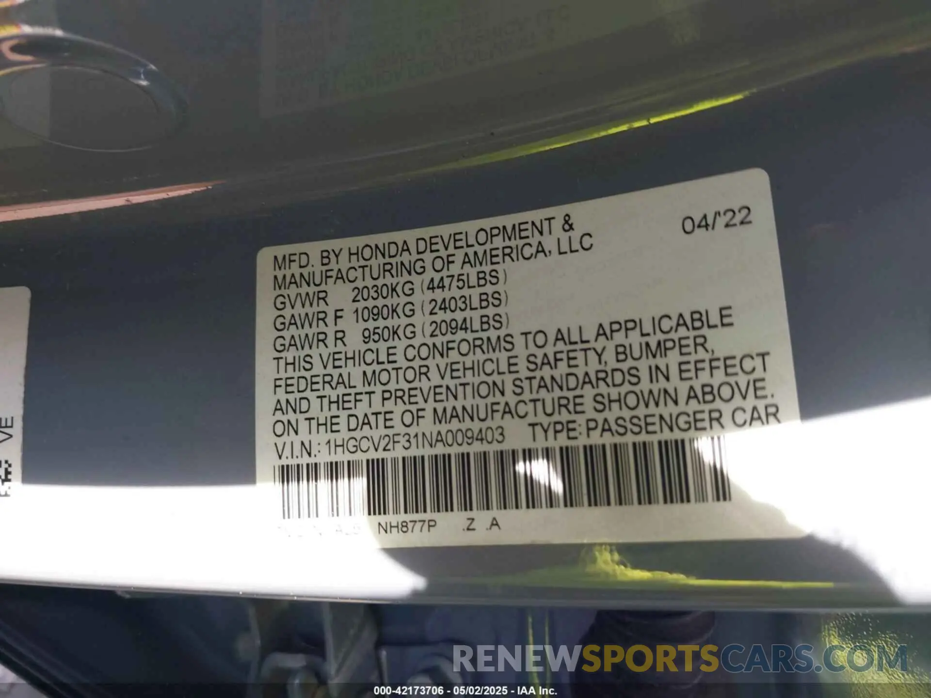 9 Фотография поврежденного автомобиля 1HGCV2F31NA009403 HONDA ACCORD 2022