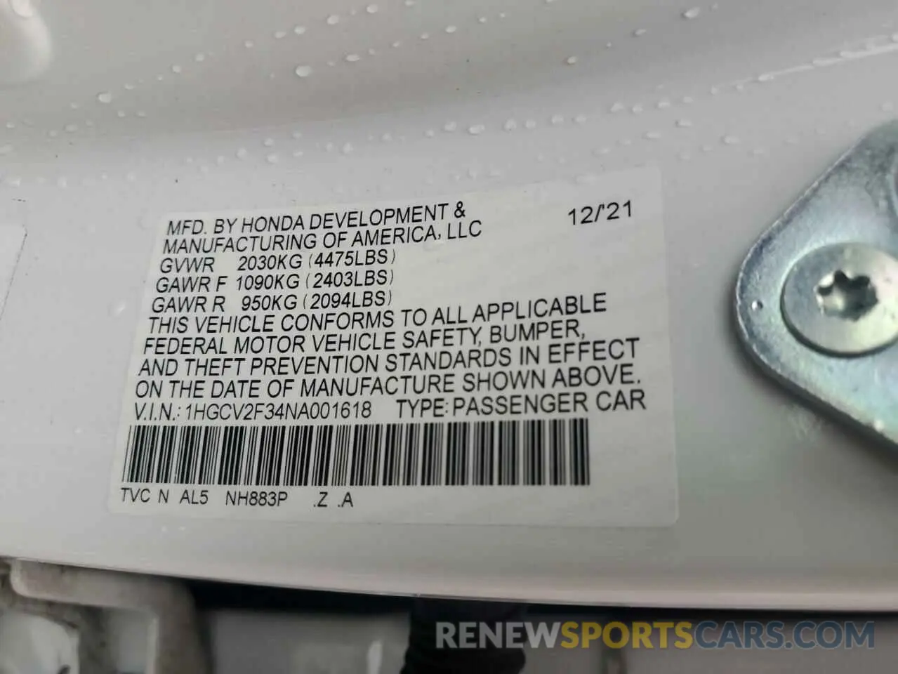 15 Photograph of a damaged car 1HGCV2F34NA001618 HONDA ACCORD 2022