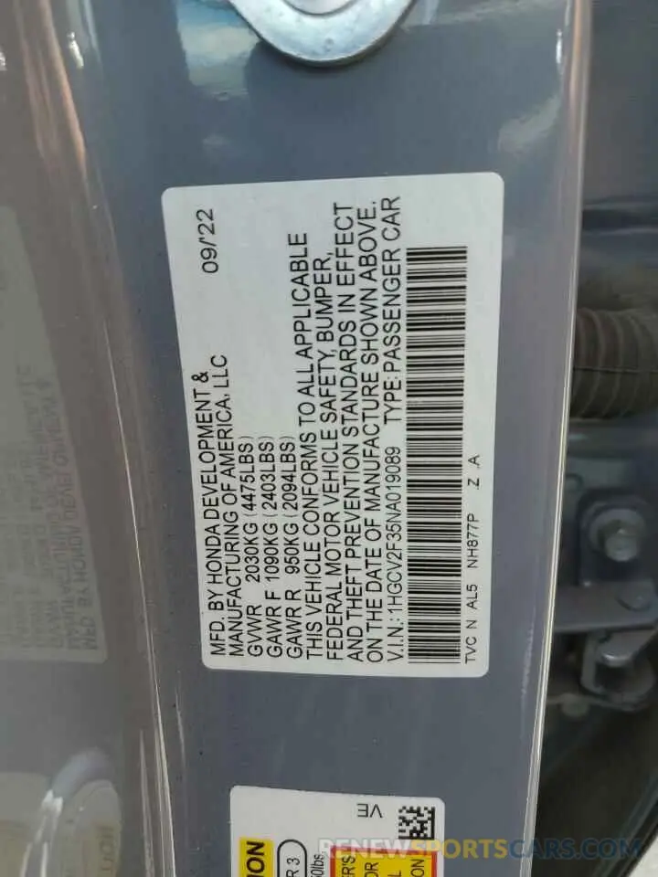 12 Photograph of a damaged car 1HGCV2F35NA019089 HONDA ACCORD 2022