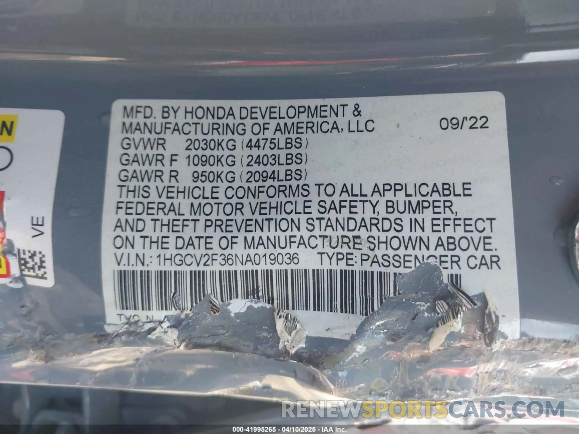 9 Photograph of a damaged car 1HGCV2F36NA019036 HONDA ACCORD 2022