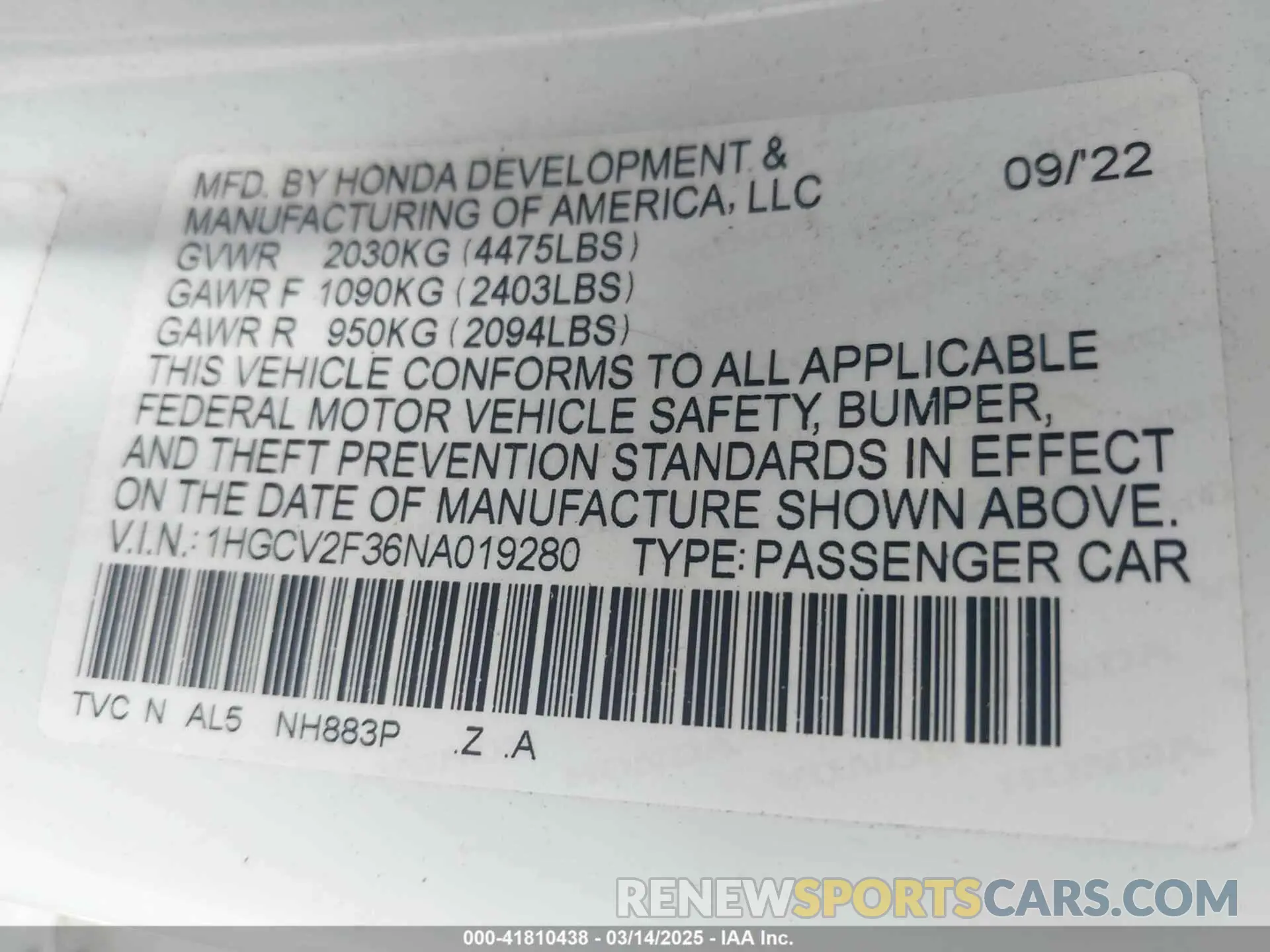 9 Photograph of a damaged car 1HGCV2F36NA019280 HONDA ACCORD 2022