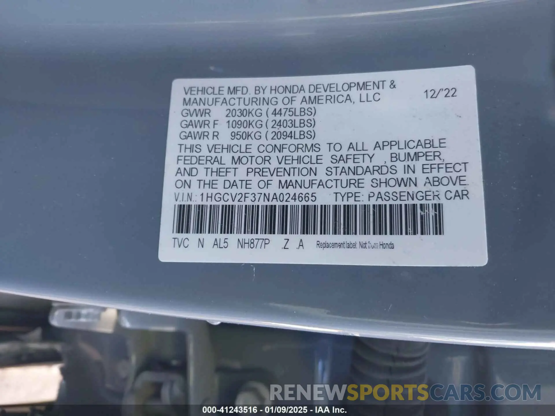 9 Photograph of a damaged car 1HGCV2F37NA024665 HONDA ACCORD 2022