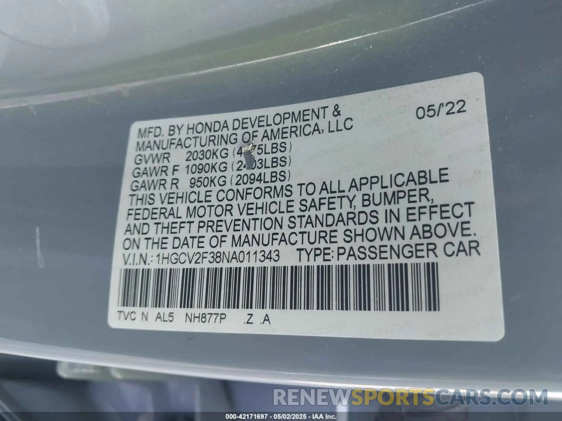 9 Photograph of a damaged car 1HGCV2F38NA011343 HONDA ACCORD 2022