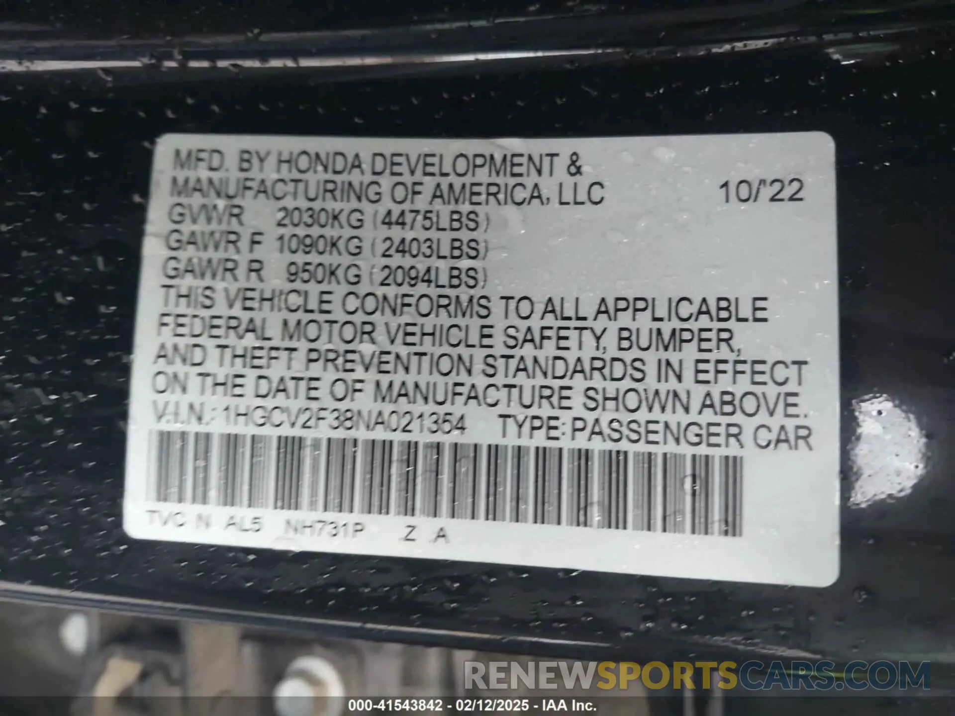 9 Photograph of a damaged car 1HGCV2F38NA021354 HONDA ACCORD 2022