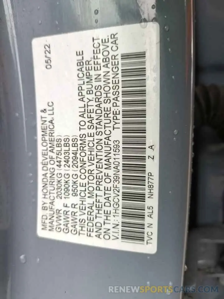 13 Фотография поврежденного автомобиля 1HGCV2F39NA011593 HONDA ACCORD 2022