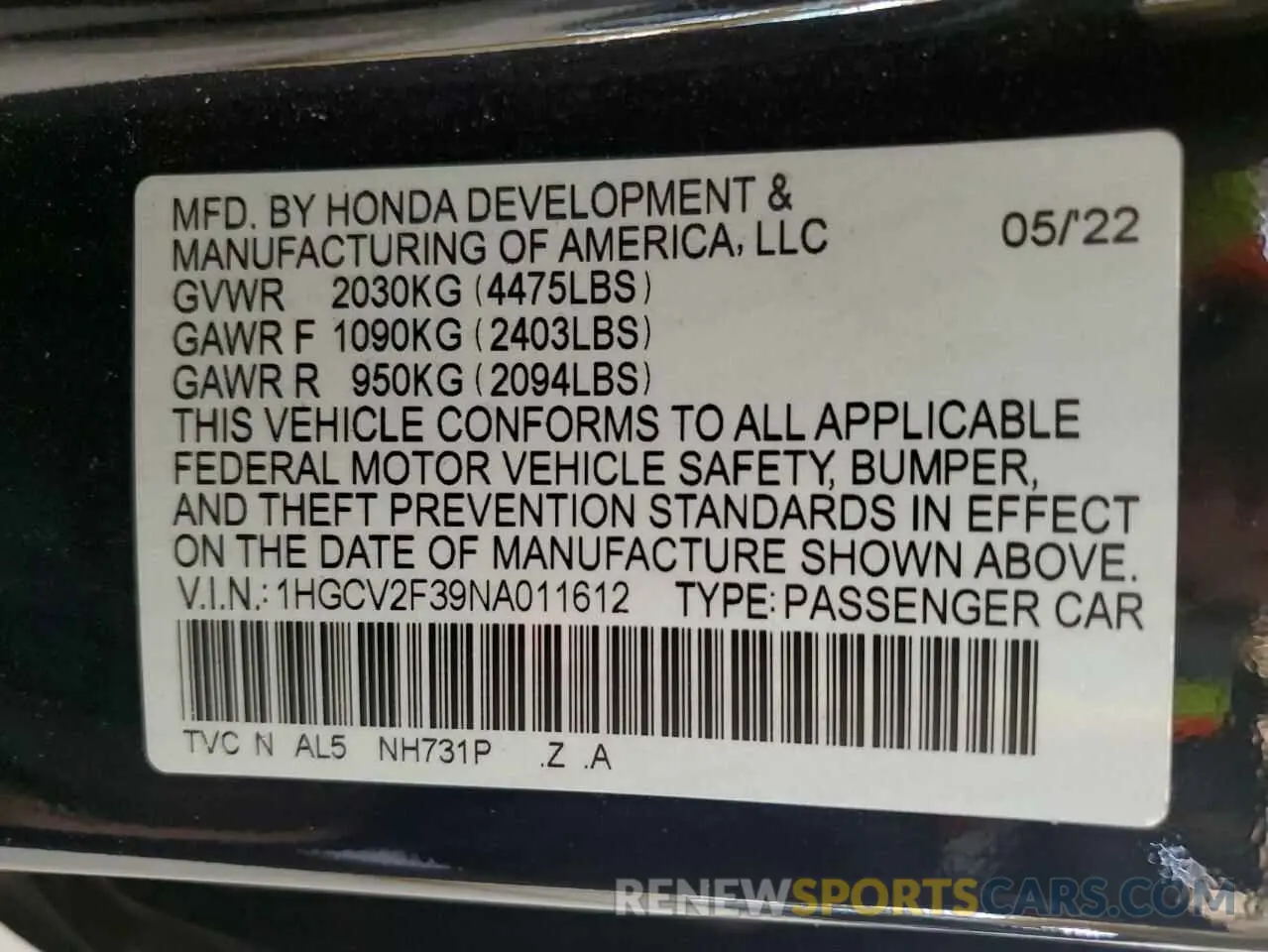 12 Photograph of a damaged car 1HGCV2F39NA011612 HONDA ACCORD 2022