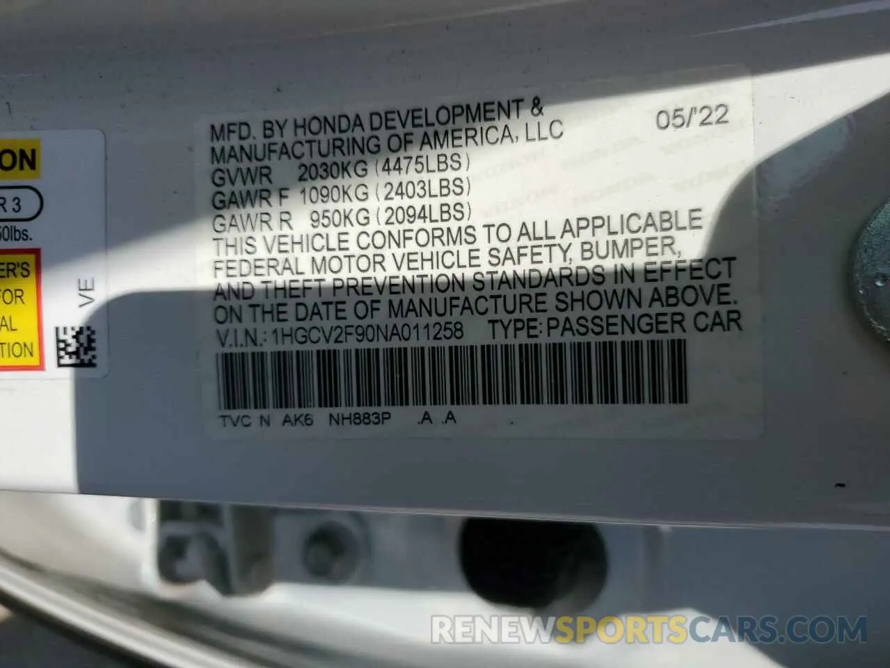 13 Фотография поврежденного автомобиля 1HGCV2F90NA011258 HONDA ACCORD 2022