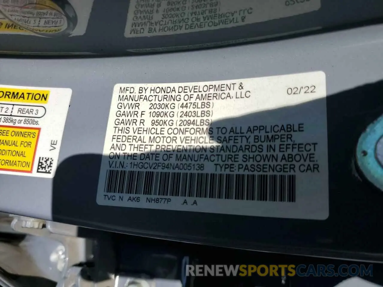 14 Photograph of a damaged car 1HGCV2F94NA005138 HONDA ACCORD 2022