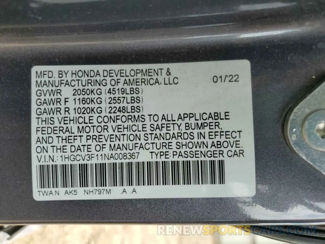 12 Photograph of a damaged car 1HGCV3F11NA008367 HONDA ACCORD 2022