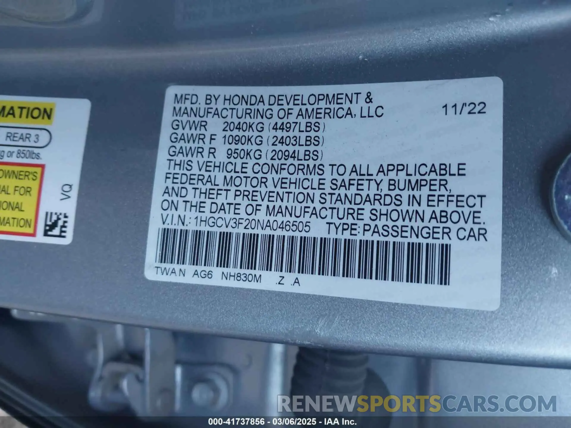 9 Фотография поврежденного автомобиля 1HGCV3F20NA046505 HONDA ACCORD 2022