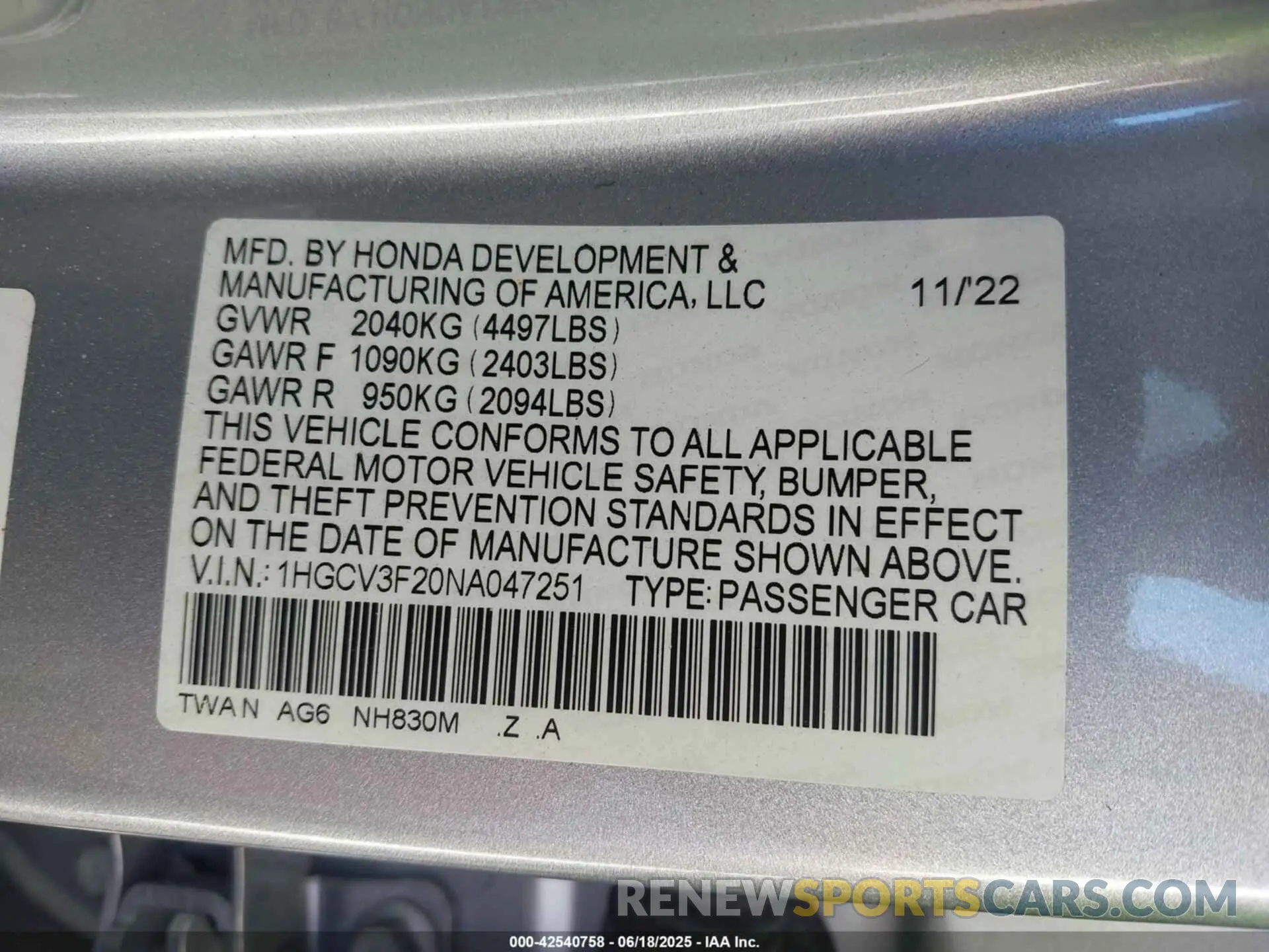 9 Photograph of a damaged car 1HGCV3F20NA047251 HONDA ACCORD 2022