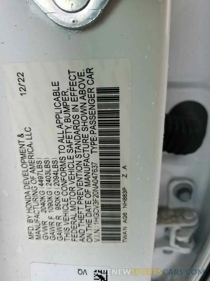 13 Фотография поврежденного автомобиля 1HGCV3F20NA047637 HONDA ACCORD 2022