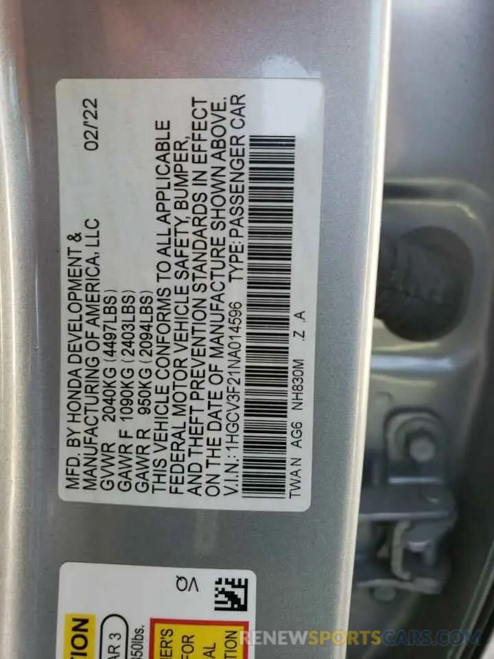 12 Photograph of a damaged car 1HGCV3F21NA014596 HONDA ACCORD 2022