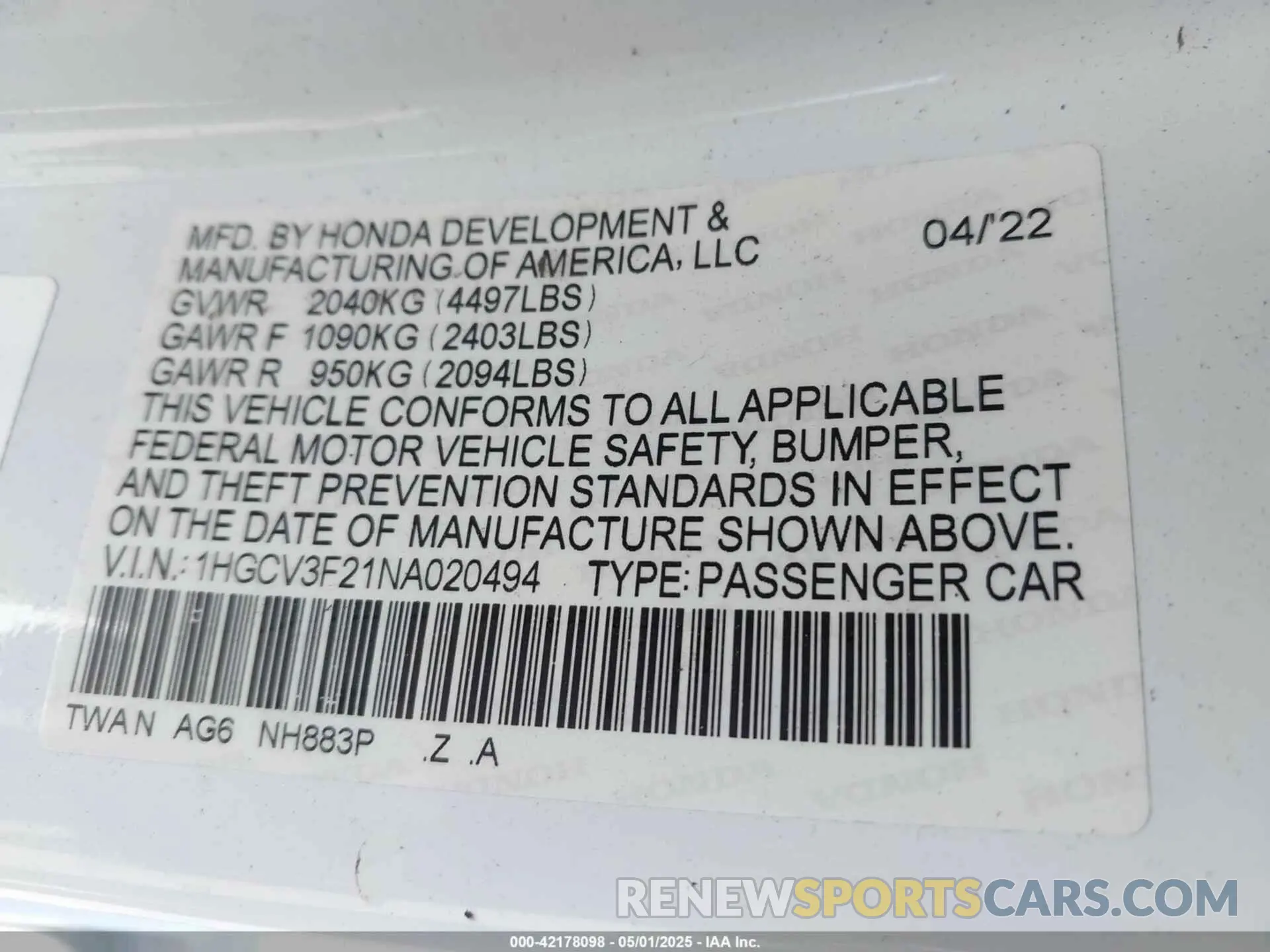 9 Фотография поврежденного автомобиля 1HGCV3F21NA020494 HONDA ACCORD 2022