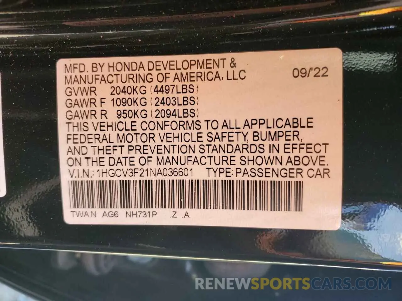 12 Photograph of a damaged car 1HGCV3F21NA036601 HONDA ACCORD 2022