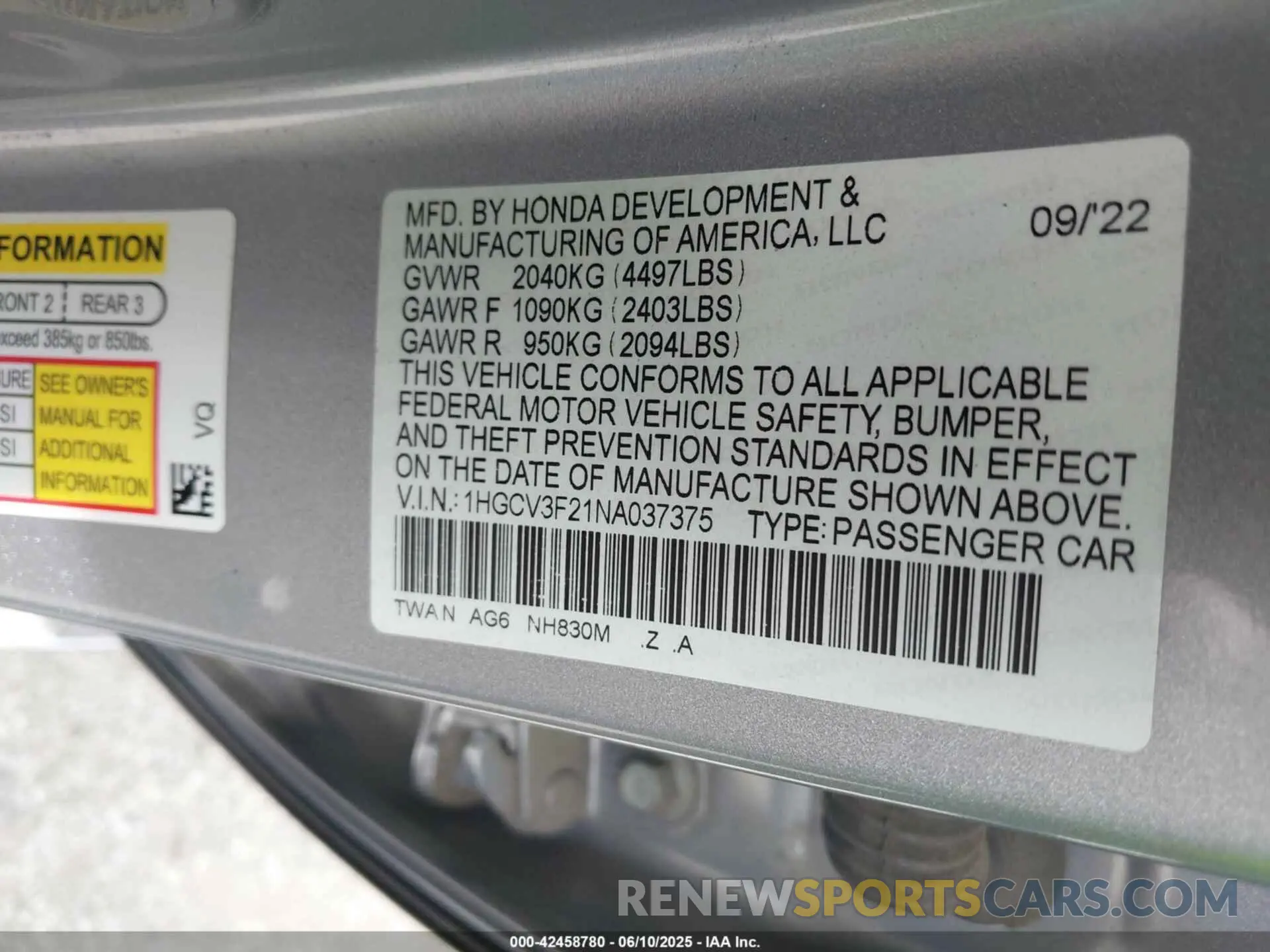 9 Фотография поврежденного автомобиля 1HGCV3F21NA037375 HONDA ACCORD 2022