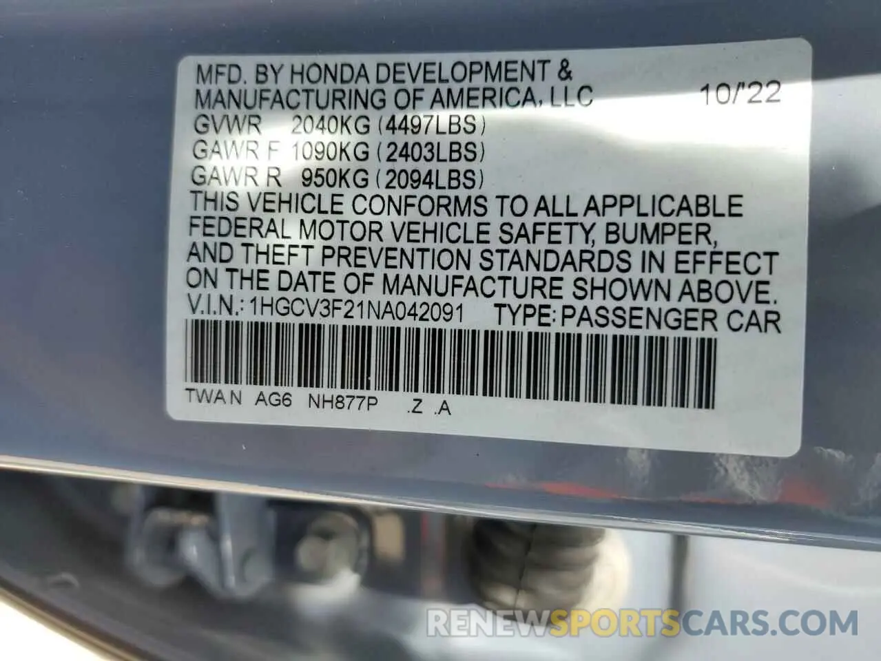 12 Photograph of a damaged car 1HGCV3F21NA042091 HONDA ACCORD 2022