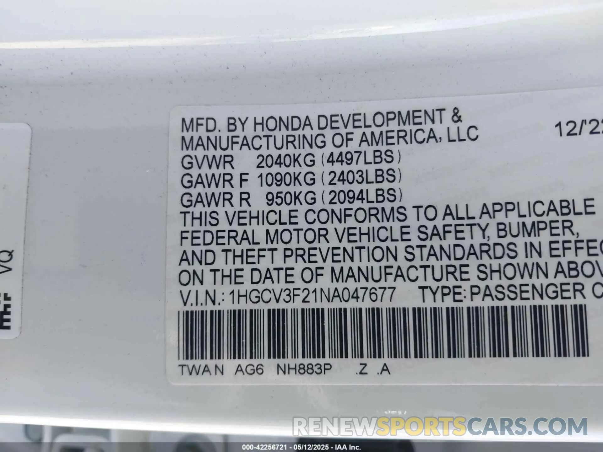 9 Фотография поврежденного автомобиля 1HGCV3F21NA047677 HONDA ACCORD 2022