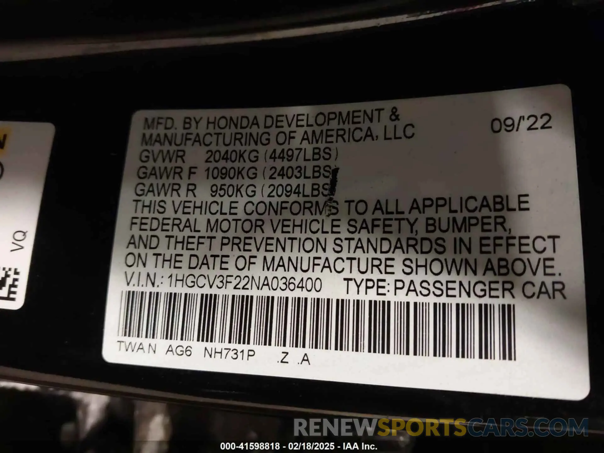 9 Photograph of a damaged car 1HGCV3F22NA036400 HONDA ACCORD 2022