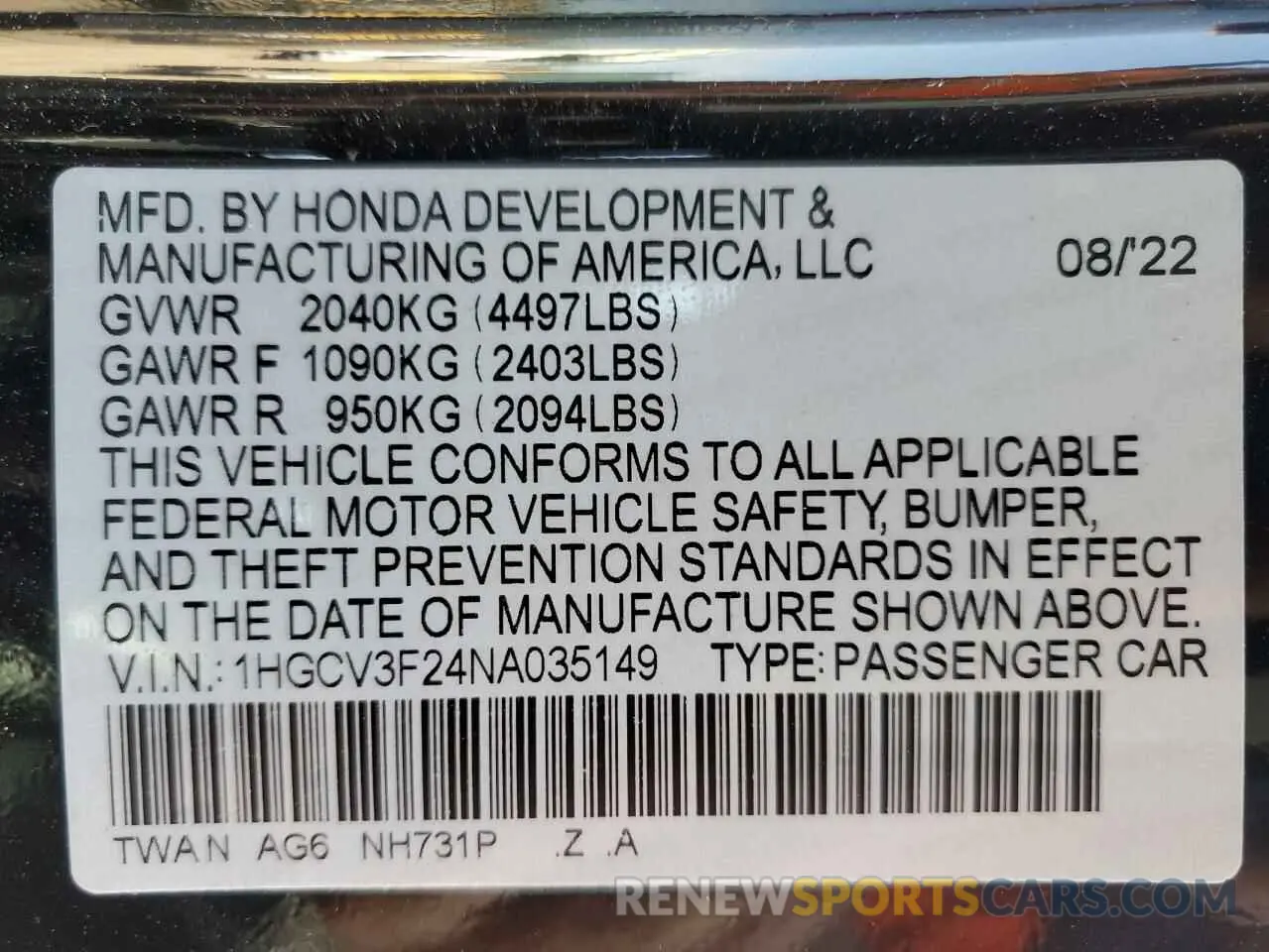 15 Photograph of a damaged car 1HGCV3F24NA035149 HONDA ACCORD 2022
