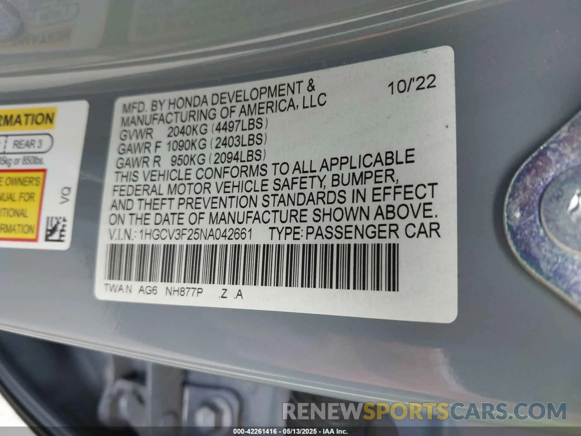 9 Photograph of a damaged car 1HGCV3F25NA042661 HONDA ACCORD 2022
