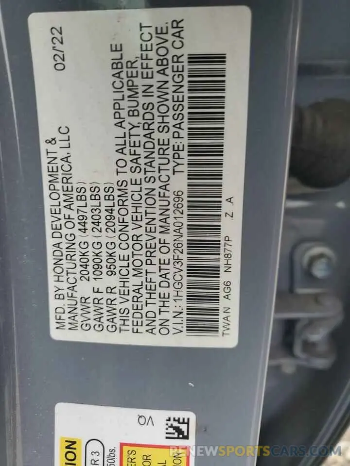 12 Photograph of a damaged car 1HGCV3F26NA012696 HONDA ACCORD 2022