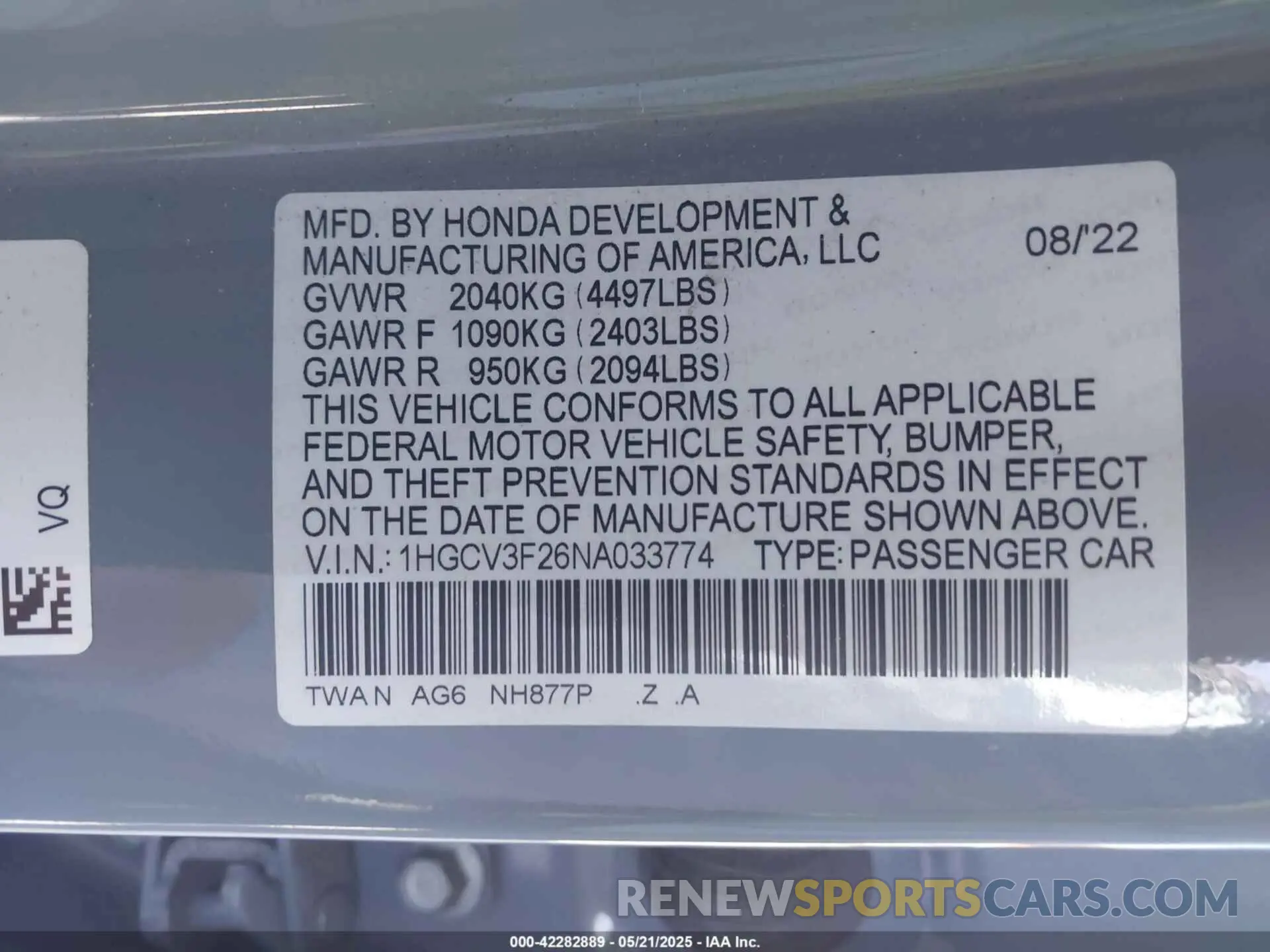 9 Фотография поврежденного автомобиля 1HGCV3F26NA033774 HONDA ACCORD 2022