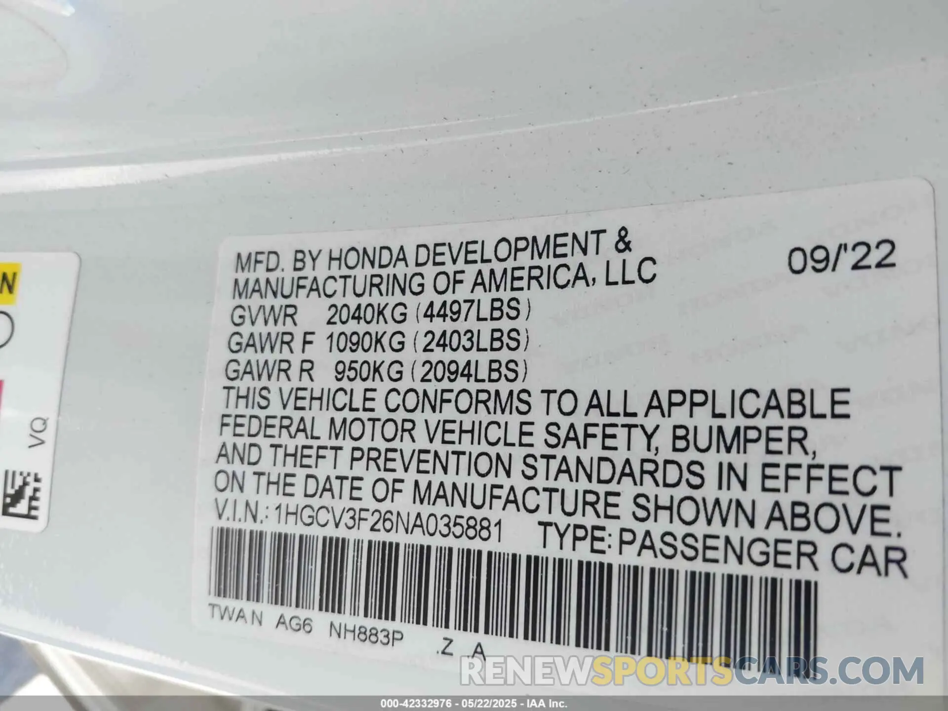 9 Photograph of a damaged car 1HGCV3F26NA035881 HONDA ACCORD 2022