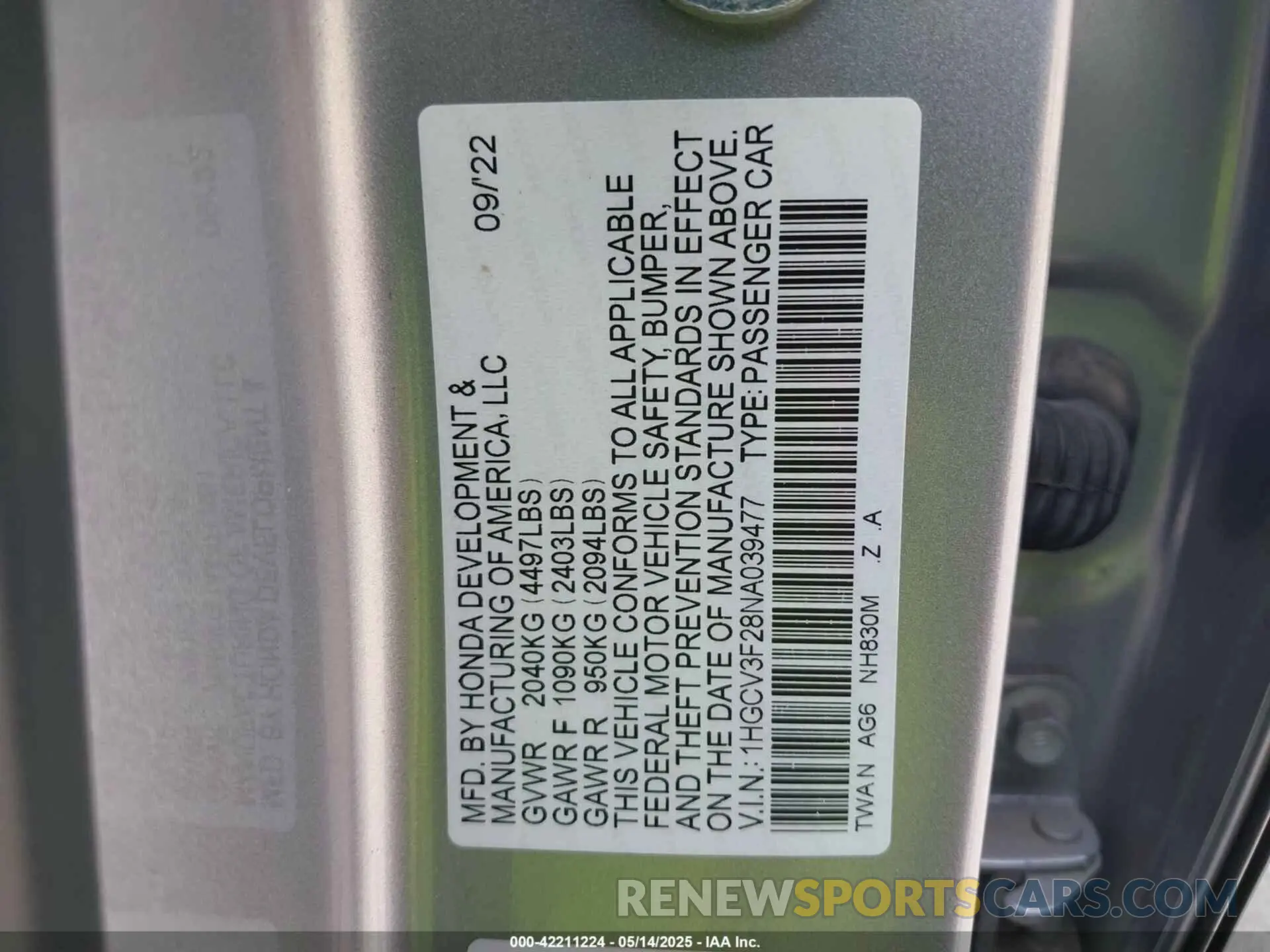 9 Фотография поврежденного автомобиля 1HGCV3F28NA039477 HONDA ACCORD 2022
