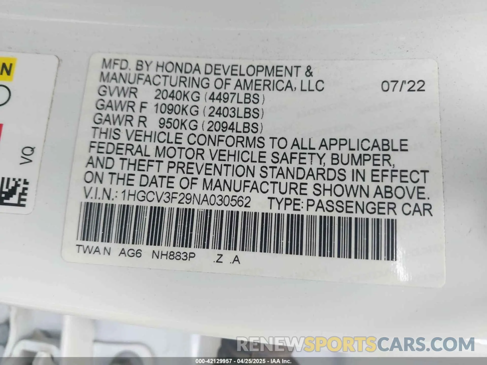 9 Фотография поврежденного автомобиля 1HGCV3F29NA030562 HONDA ACCORD 2022