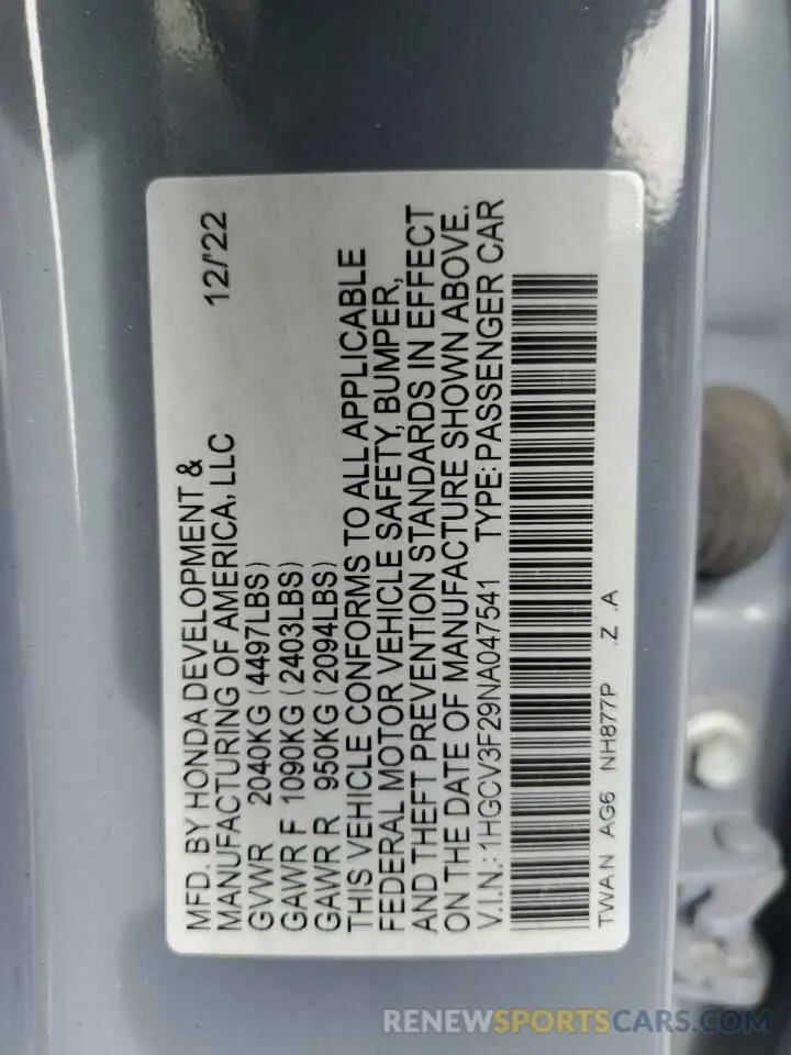 12 Фотография поврежденного автомобиля 1HGCV3F29NA047541 HONDA ACCORD 2022