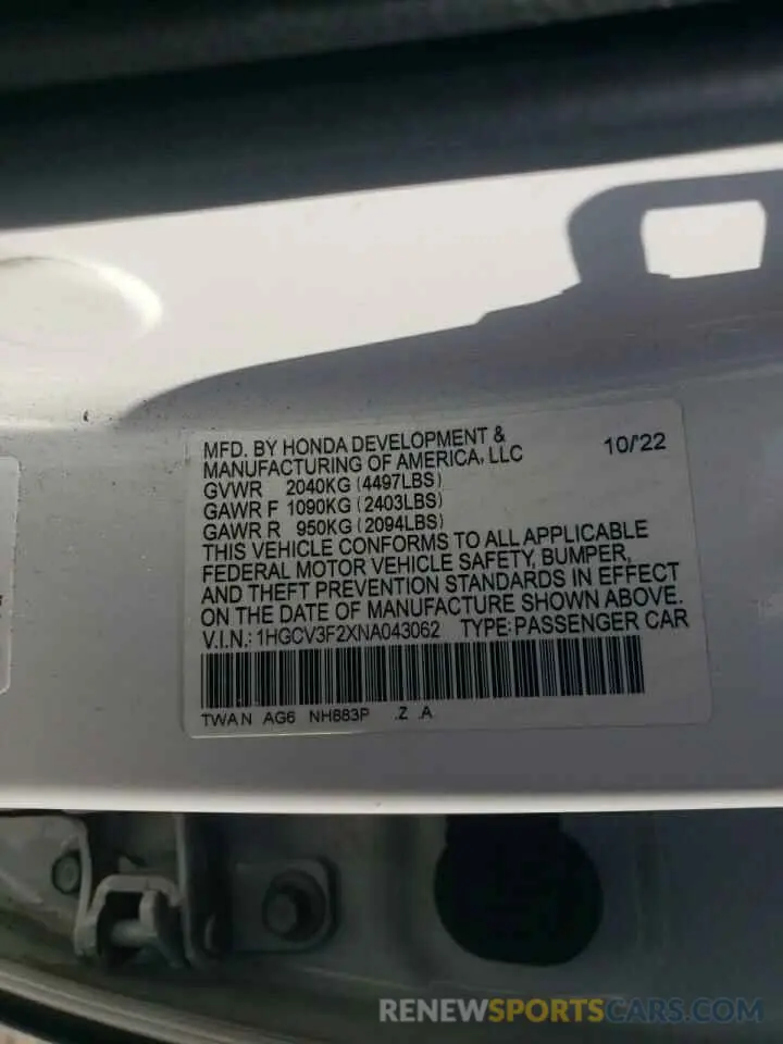 12 Фотография поврежденного автомобиля 1HGCV3F2XNA043062 HONDA ACCORD 2022