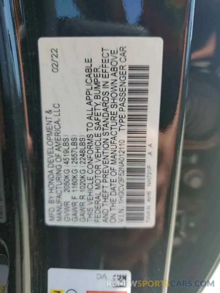 12 Photograph of a damaged car 1HGCV3F52NA012110 HONDA ACCORD 2022