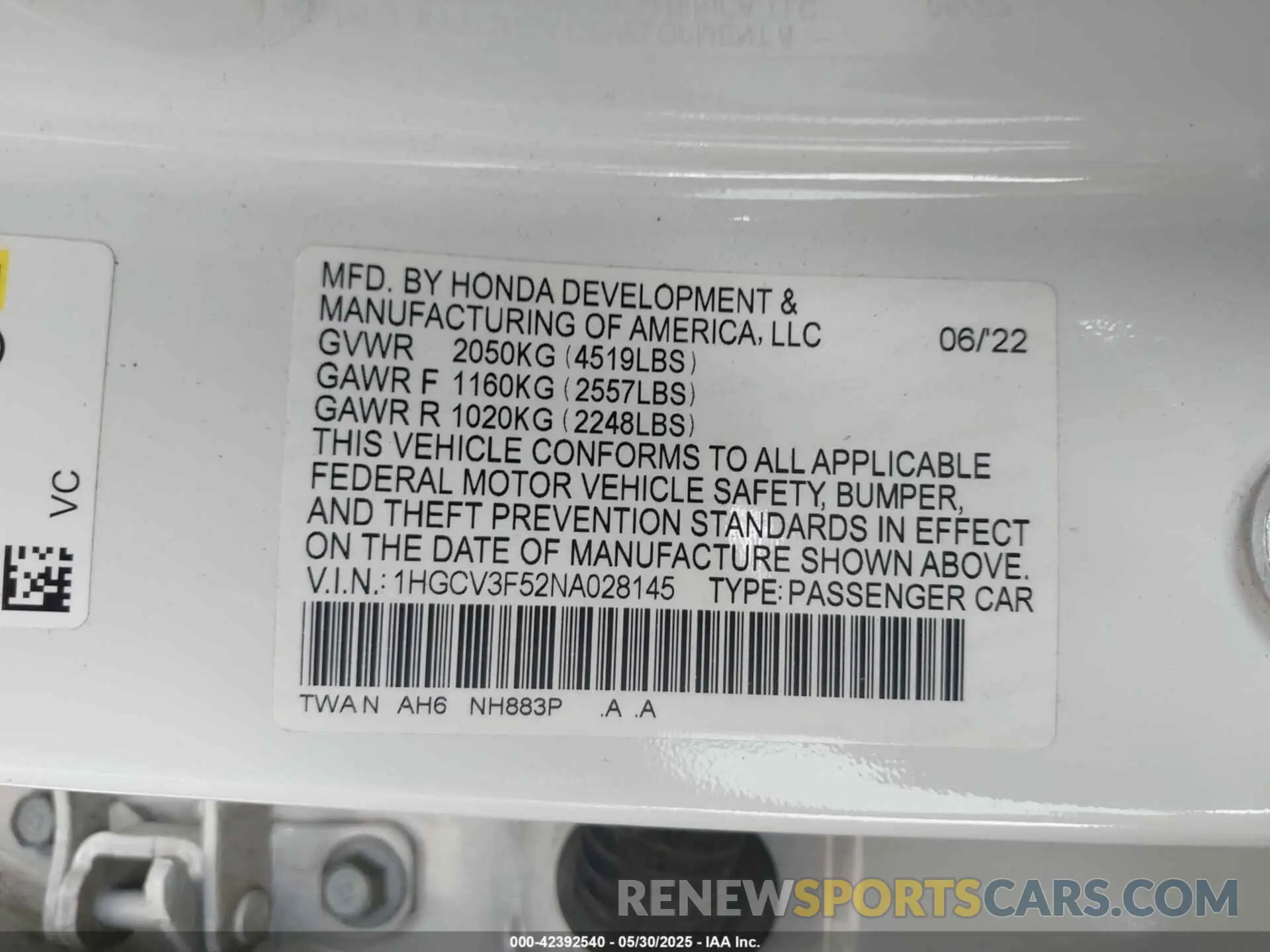 9 Photograph of a damaged car 1HGCV3F52NA028145 HONDA ACCORD 2022