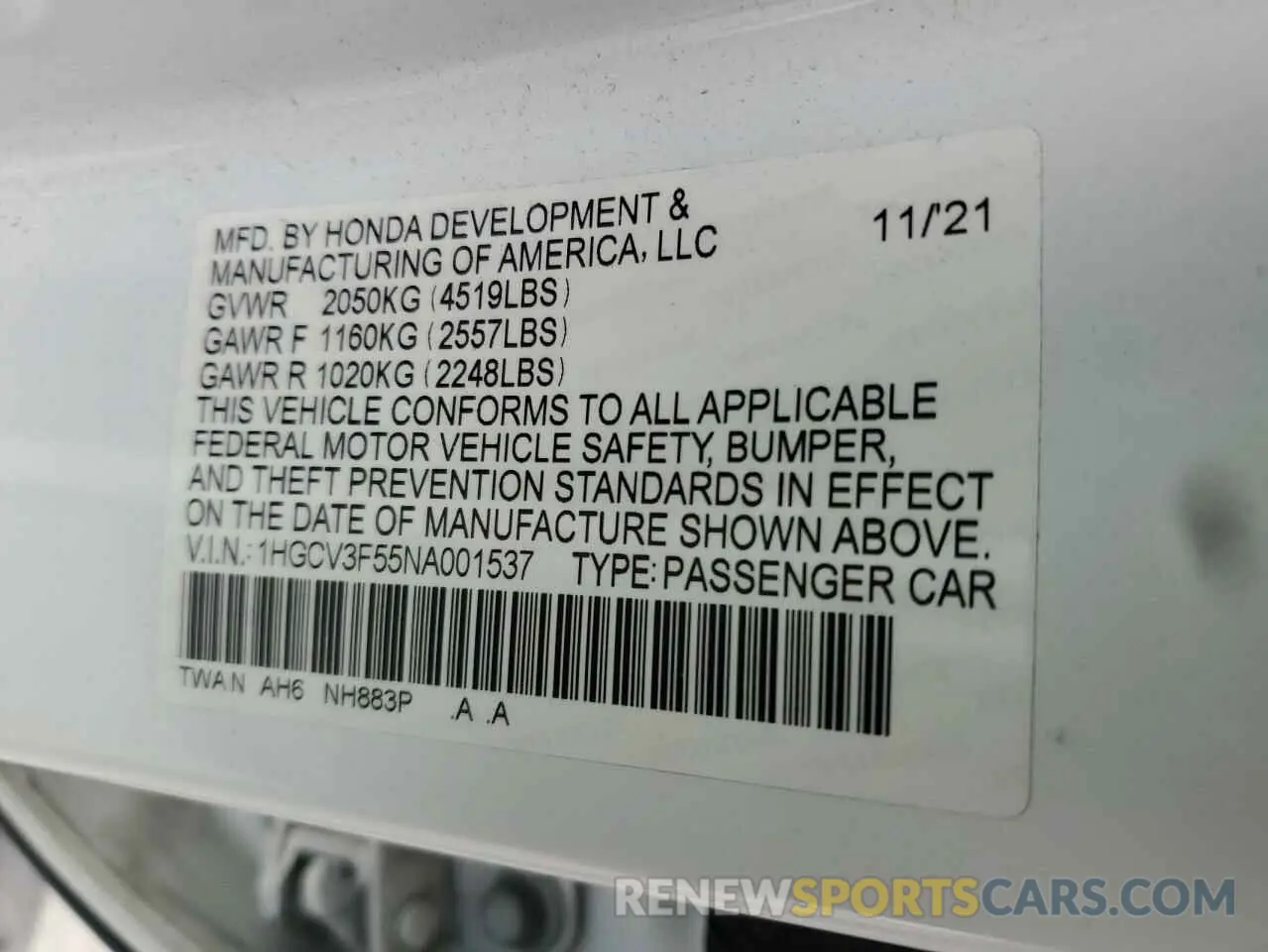 12 Photograph of a damaged car 1HGCV3F55NA001537 HONDA ACCORD 2022